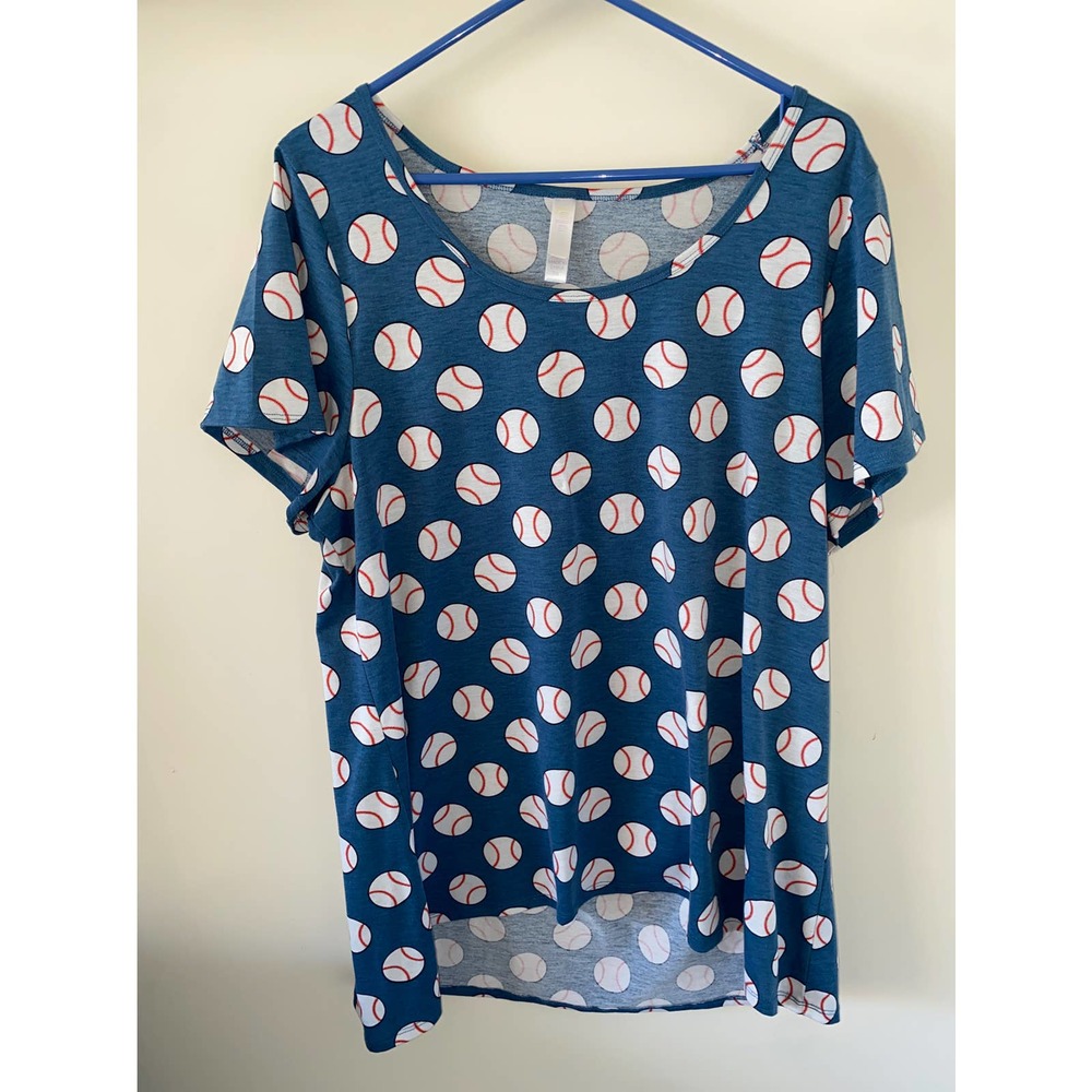 Lularoe Classic T UNICORN Tshirt Baseball print top Blue 2XL EUC